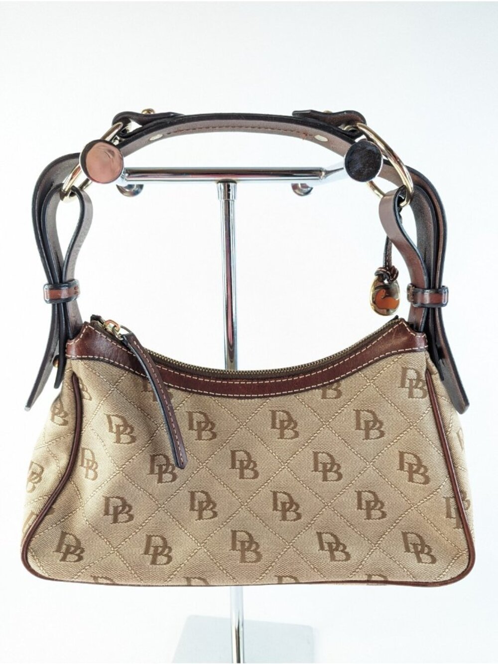 Dooney Bourke Monogram Hobo Purse Tan Brown Canvas Brass Shoulder Bag - Picture 5 of 13